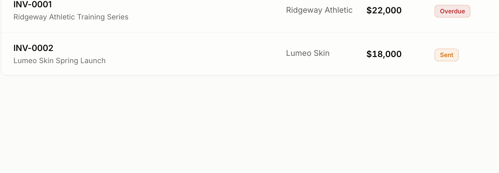 Real invoice list showing Gymshark overdue and Fenty Beauty sent